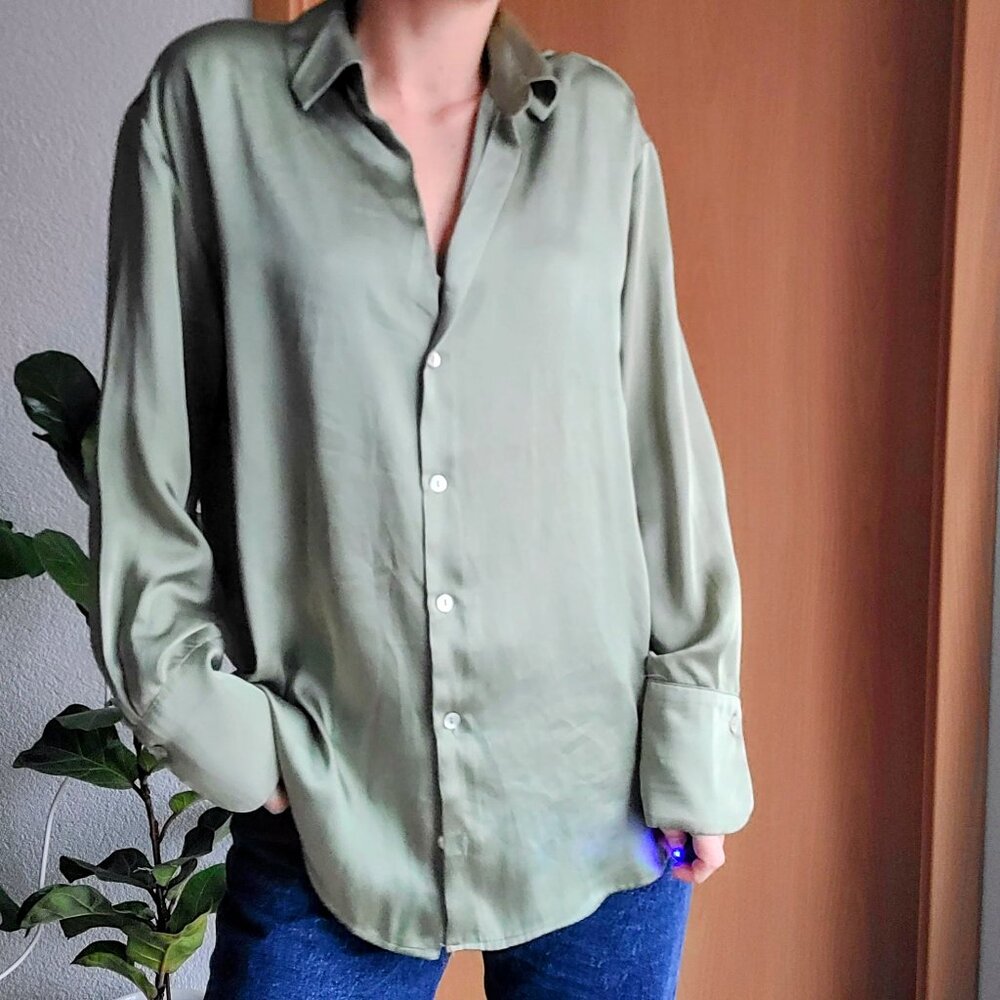 Zara Sage Green Satin Button Down Long Sleeve Shirt Size Small - Picture 6 of 15